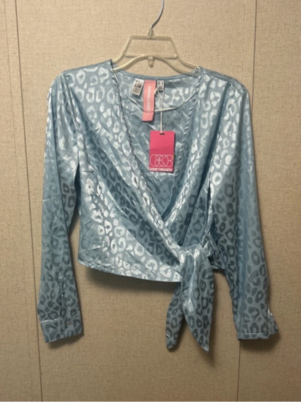 Light Blue Satin Wrap Top with Leopard Shine